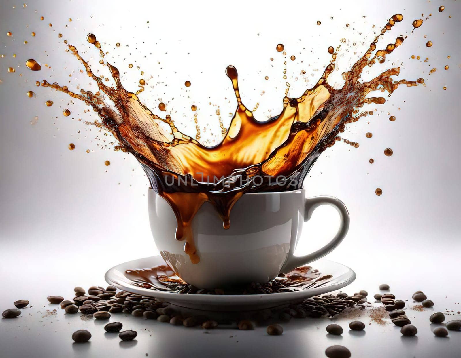 A Splash of Caffeine.A white coffee cup with a dramatic splash of dark coffee. Coffee beans and grounds surround the cup, adding to the rich, aromatic atmosphere. The image evokes a sense of energy and anticipation, perfect for a coffee-themed project.