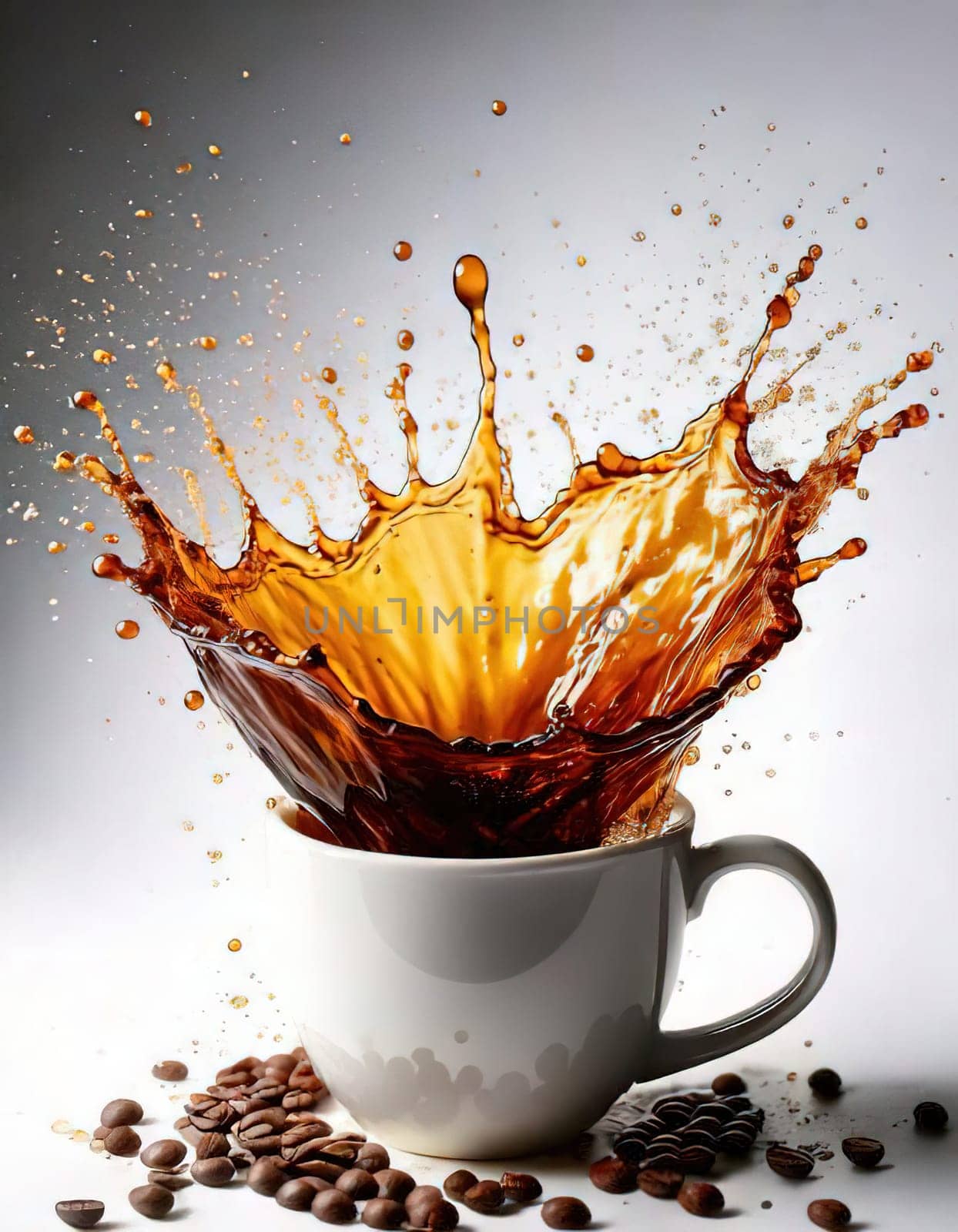 A Splash of Caffeine.A white coffee cup with a dramatic splash of dark coffee. Coffee beans and grounds surround the cup, adding to the rich, aromatic atmosphere. The image evokes a sense of energy and anticipation, perfect for a coffee-themed project.