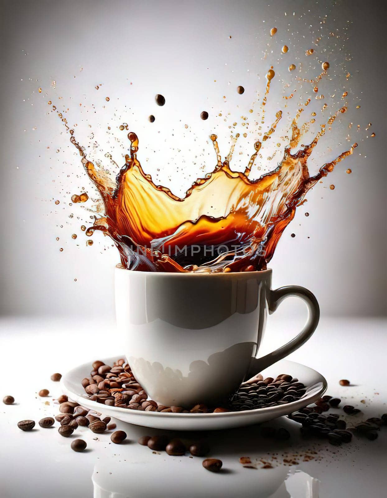 A Splash of Caffeine.A white coffee cup with a dramatic splash of dark coffee. Coffee beans and grounds surround the cup, adding to the rich, aromatic atmosphere. The image evokes a sense of energy and anticipation, perfect for a coffee-themed project.