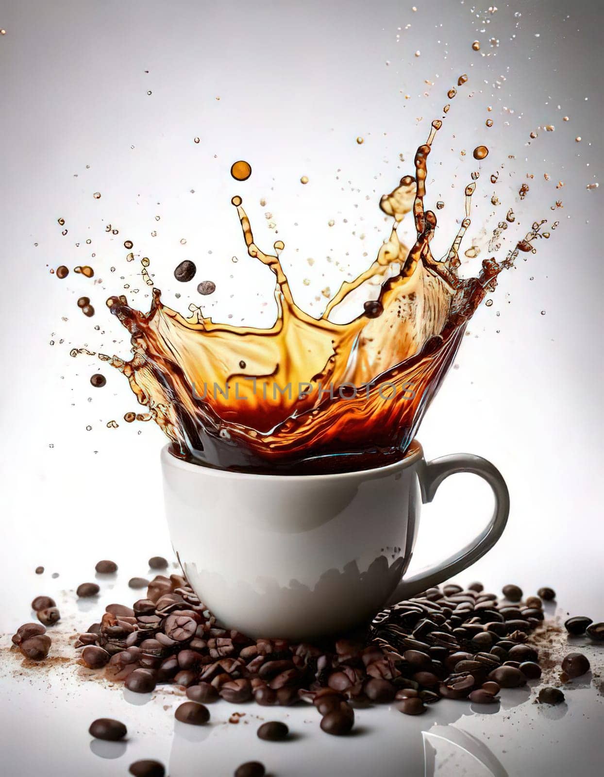 A Splash of Caffeine.A white coffee cup with a dramatic splash of dark coffee. Coffee beans and grounds surround the cup, adding to the rich, aromatic atmosphere. The image evokes a sense of energy and anticipation, perfect for a coffee-themed project.