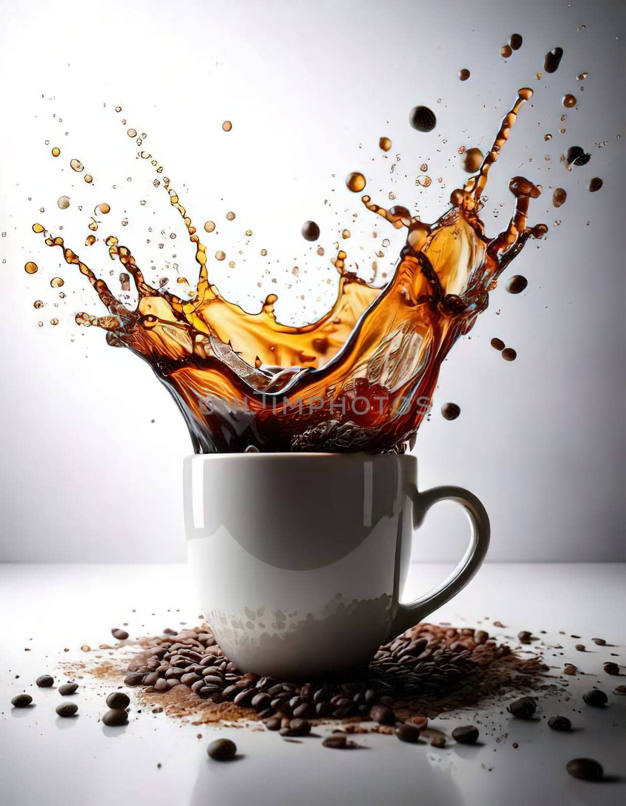 A Splash of Caffeine.A white coffee cup with a dramatic splash of dark coffee. Coffee beans and grounds surround the cup, adding to the rich, aromatic atmosphere. The image evokes a sense of energy and anticipation, perfect for a coffee-themed project.