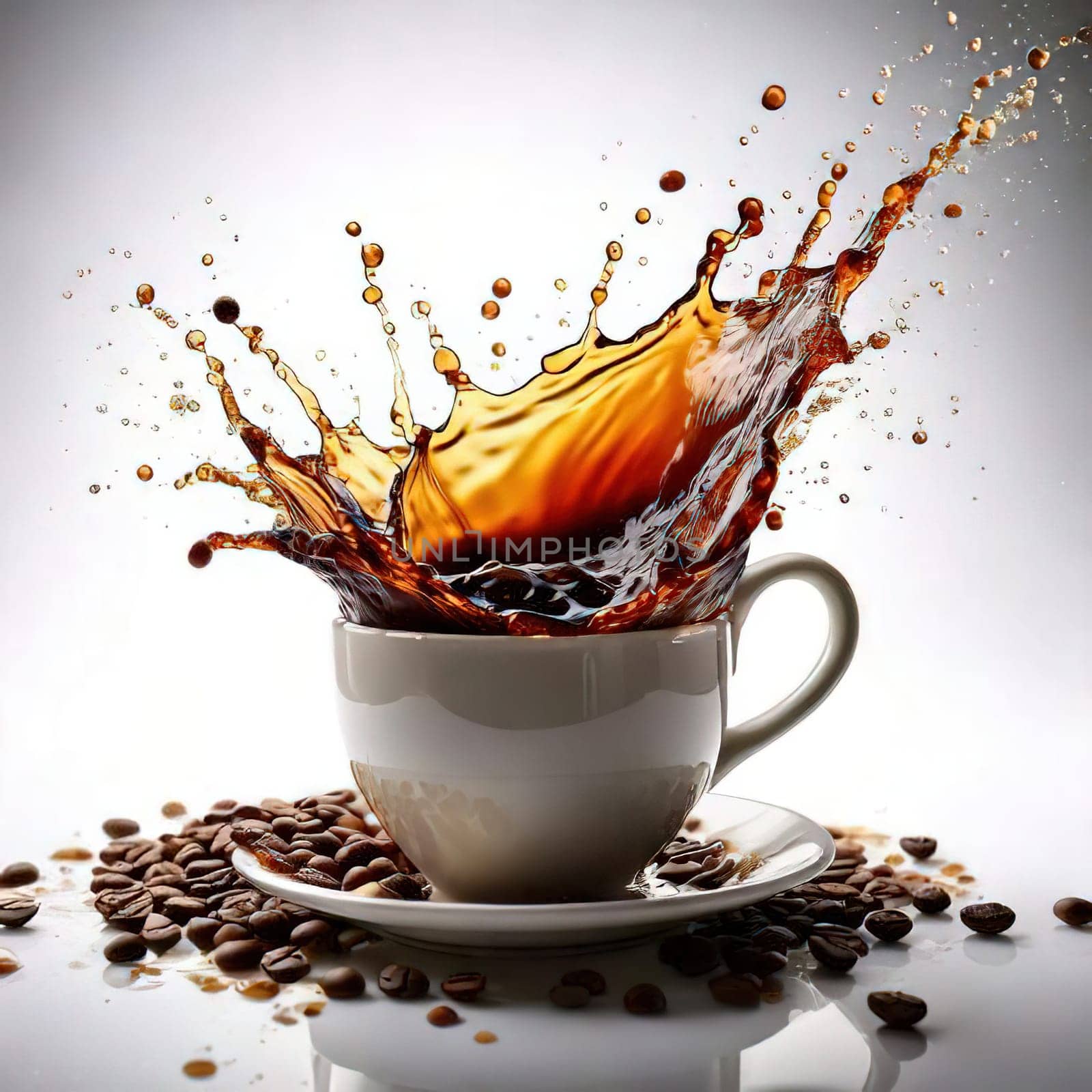 A Splash of Caffeine.A white coffee cup with a dramatic splash of dark coffee. Coffee beans and grounds surround the cup, adding to the rich, aromatic atmosphere. The image evokes a sense of energy and anticipation, perfect for a coffee-themed project.