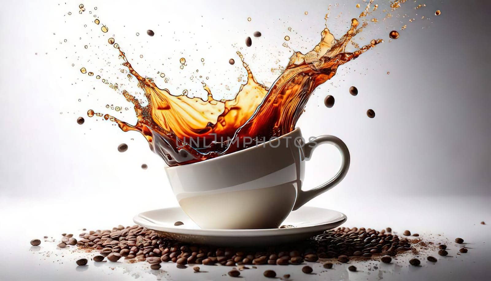A Splash of Caffeine.A white coffee cup with a dramatic splash of dark coffee. Coffee beans and grounds surround the cup, adding to the rich, aromatic atmosphere. The image evokes a sense of energy and anticipation, perfect for a coffee-themed project.