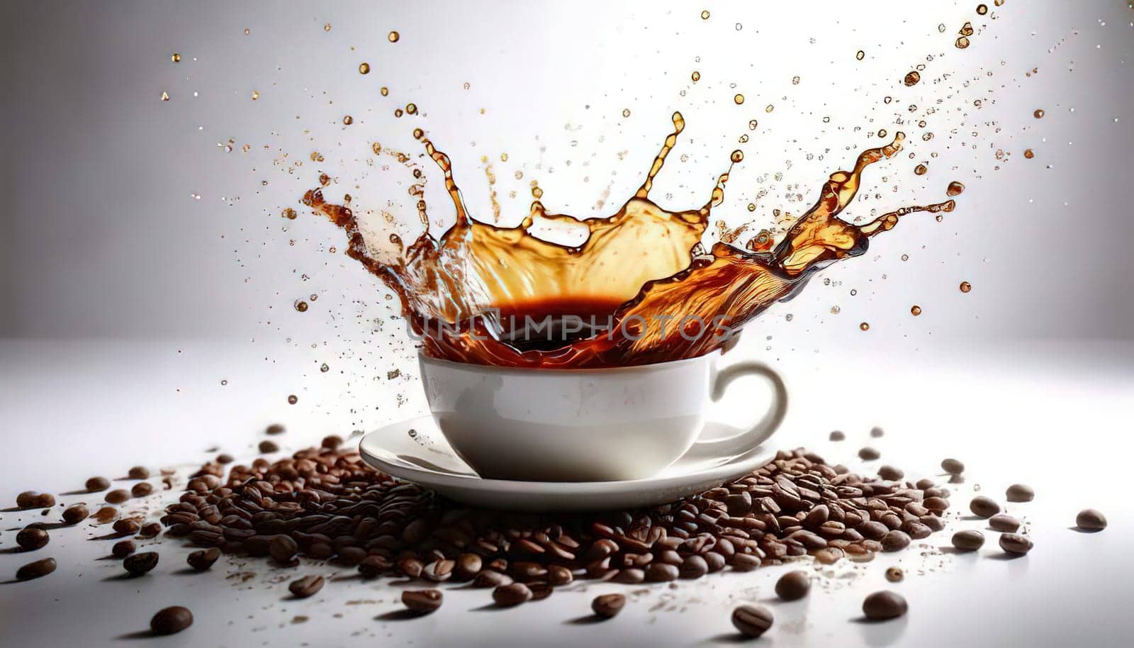 A Splash of Caffeine.A white coffee cup with a dramatic splash of dark coffee. Coffee beans and grounds surround the cup, adding to the rich, aromatic atmosphere. The image evokes a sense of energy and anticipation, perfect for a coffee-themed project.