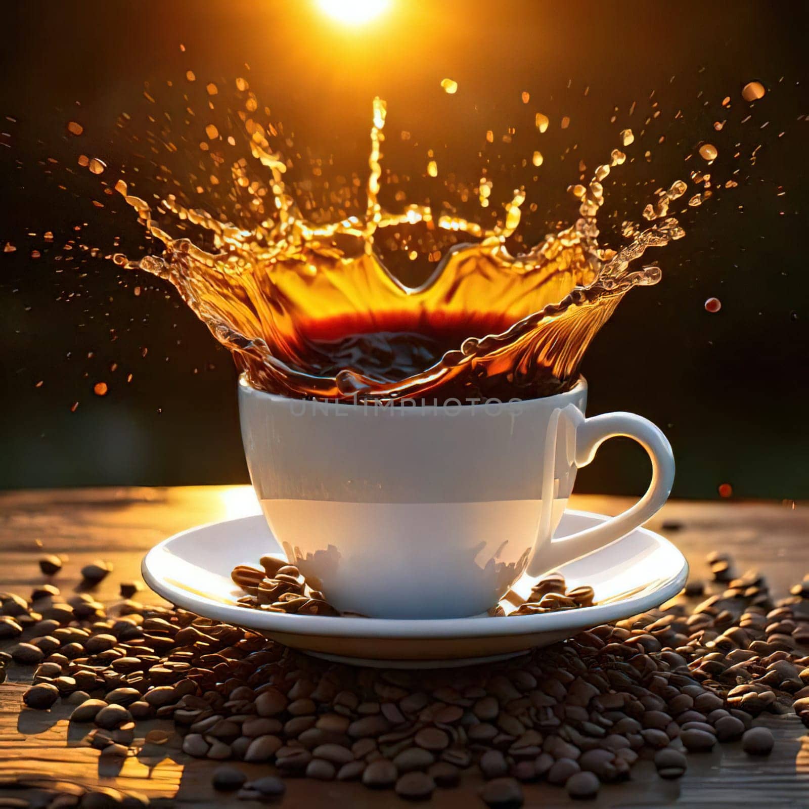 A Splash of Caffeine.A white coffee cup with a dramatic splash of dark coffee. Coffee beans and grounds surround the cup, adding to the rich, aromatic atmosphere. The image evokes a sense of energy and anticipation, perfect for a coffee-themed project.