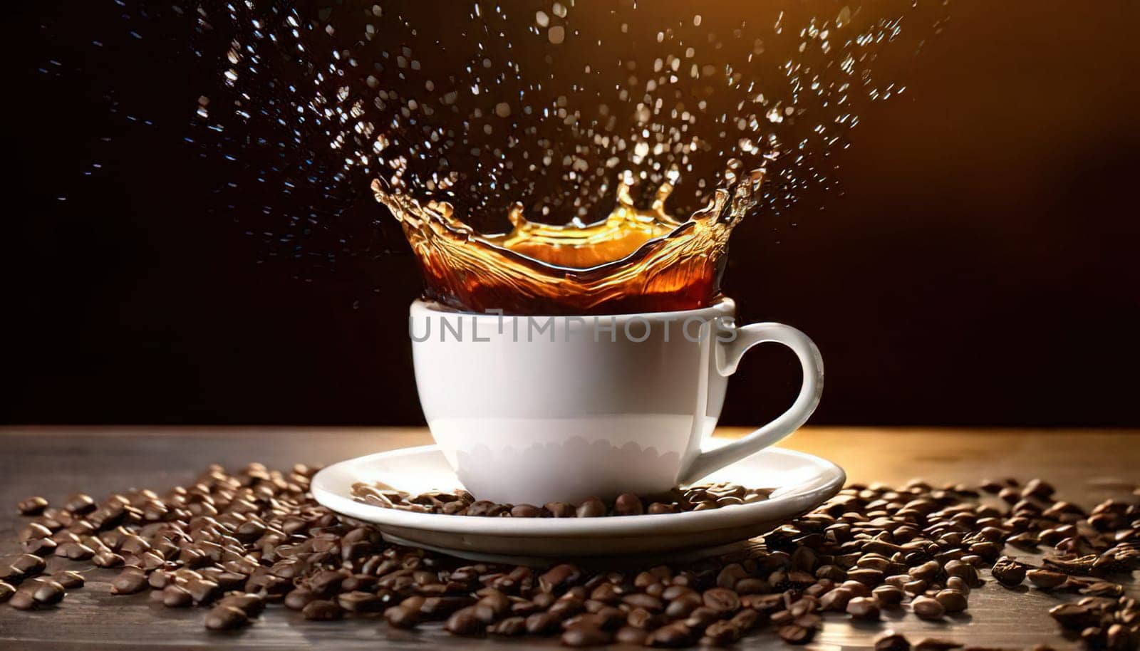 A Splash of Caffeine.A white coffee cup with a dramatic splash of dark coffee. Coffee beans and grounds surround the cup, adding to the rich, aromatic atmosphere. The image evokes a sense of energy and anticipation, perfect for a coffee-themed project.