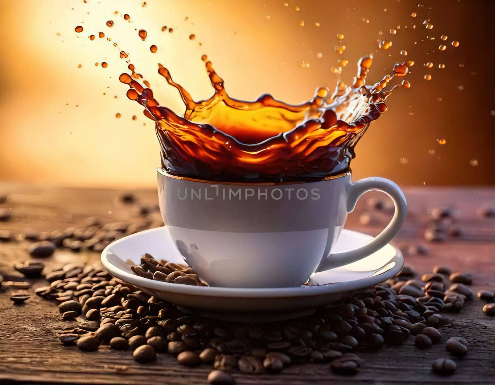 A Splash of Caffeine.A white coffee cup with a dramatic splash of dark coffee. Coffee beans and grounds surround the cup, adding to the rich, aromatic atmosphere. The image evokes a sense of energy and anticipation, perfect for a coffee-themed project.
