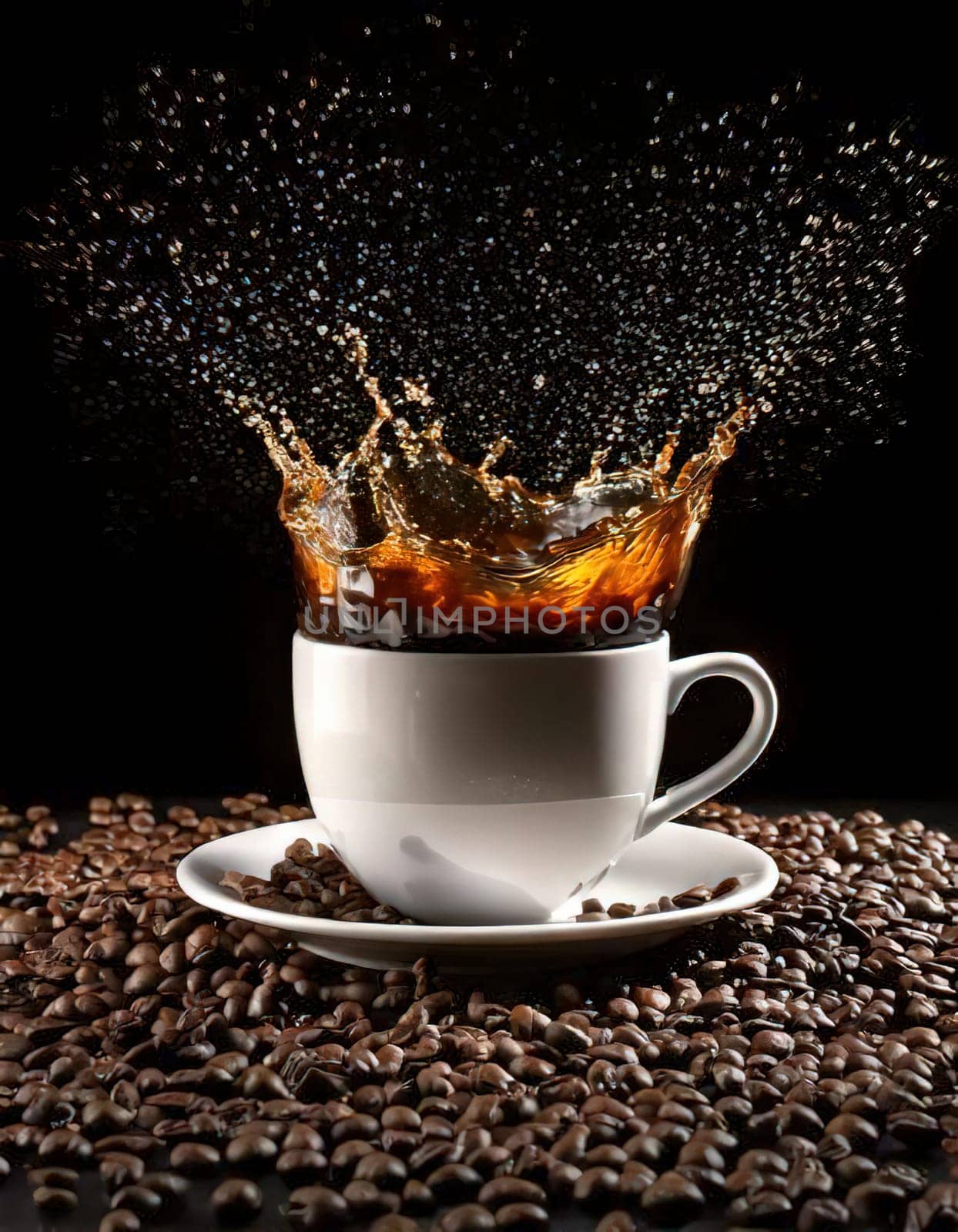 A Splash of Caffeine.A white coffee cup with a dramatic splash of dark coffee. Coffee beans and grounds surround the cup, adding to the rich, aromatic atmosphere. The image evokes a sense of energy and anticipation, perfect for a coffee-themed project.