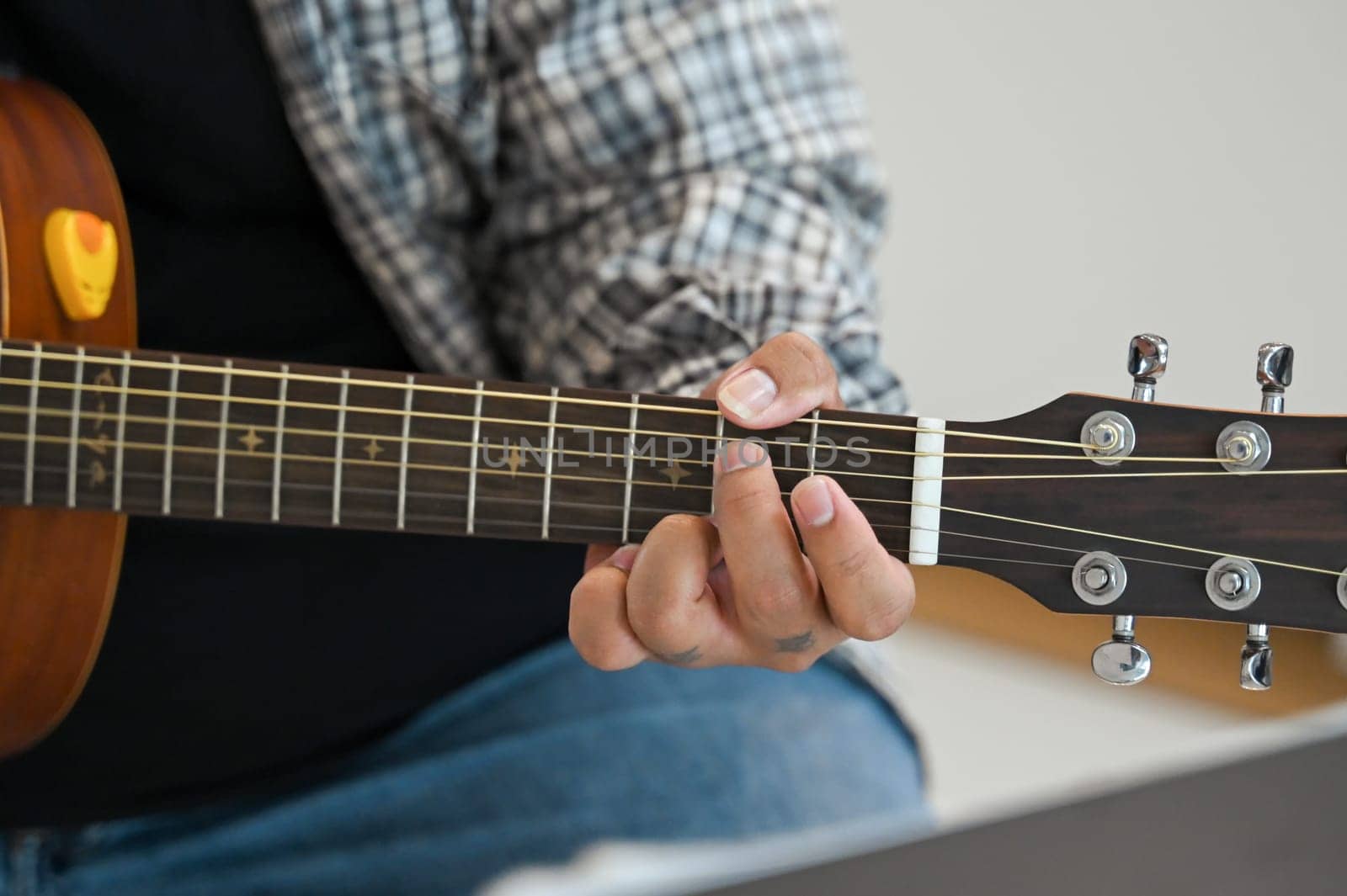 Close up of a man in plaid shirt playing an acoustic guitar on sofa at home. Leisure, hobby and activity concept.