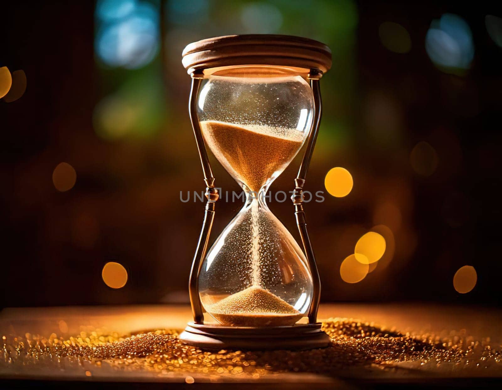 Sands of Time.A timeless hourglass, its grains of sand slowly slipping away.The image symbolizes the passage of time, the fleeting nature of moments, and the inevitable march of destiny.