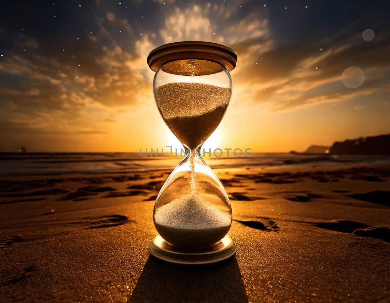 Sands of Time.A timeless hourglass, its grains of sand slowly slipping away.The image symbolizes the passage of time, the fleeting nature of moments, and the inevitable march of destiny.