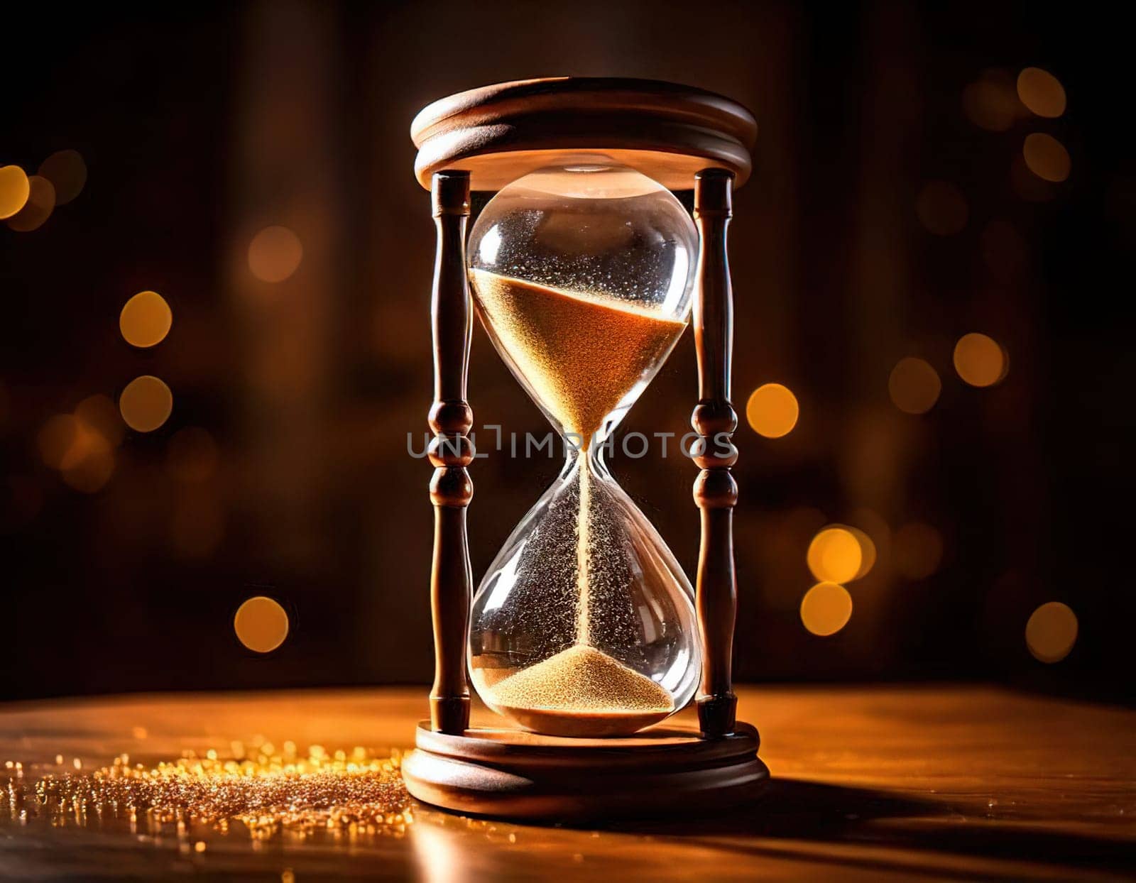 Sands of Time.A timeless hourglass, its grains of sand slowly slipping away.The image symbolizes the passage of time, the fleeting nature of moments, and the inevitable march of destiny.