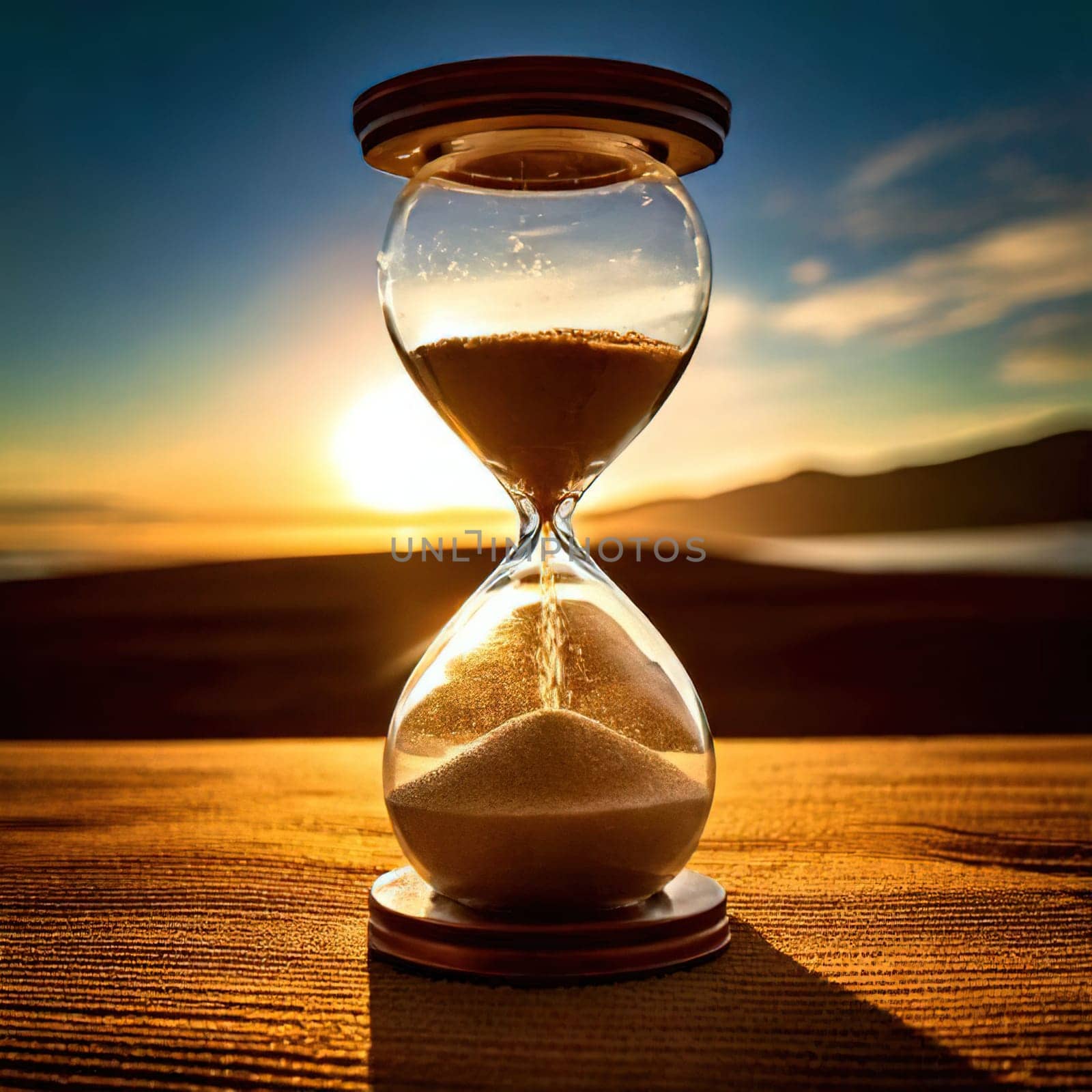 Sands of Time.A timeless hourglass, its grains of sand slowly slipping away.The image symbolizes the passage of time, the fleeting nature of moments, and the inevitable march of destiny.