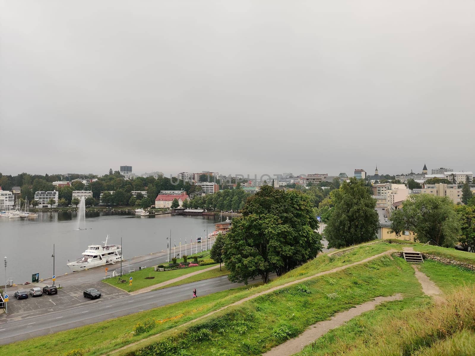 Lappeenranta, Finland, August 22, 2024 - view of the city's central promenade at the rainy summer day