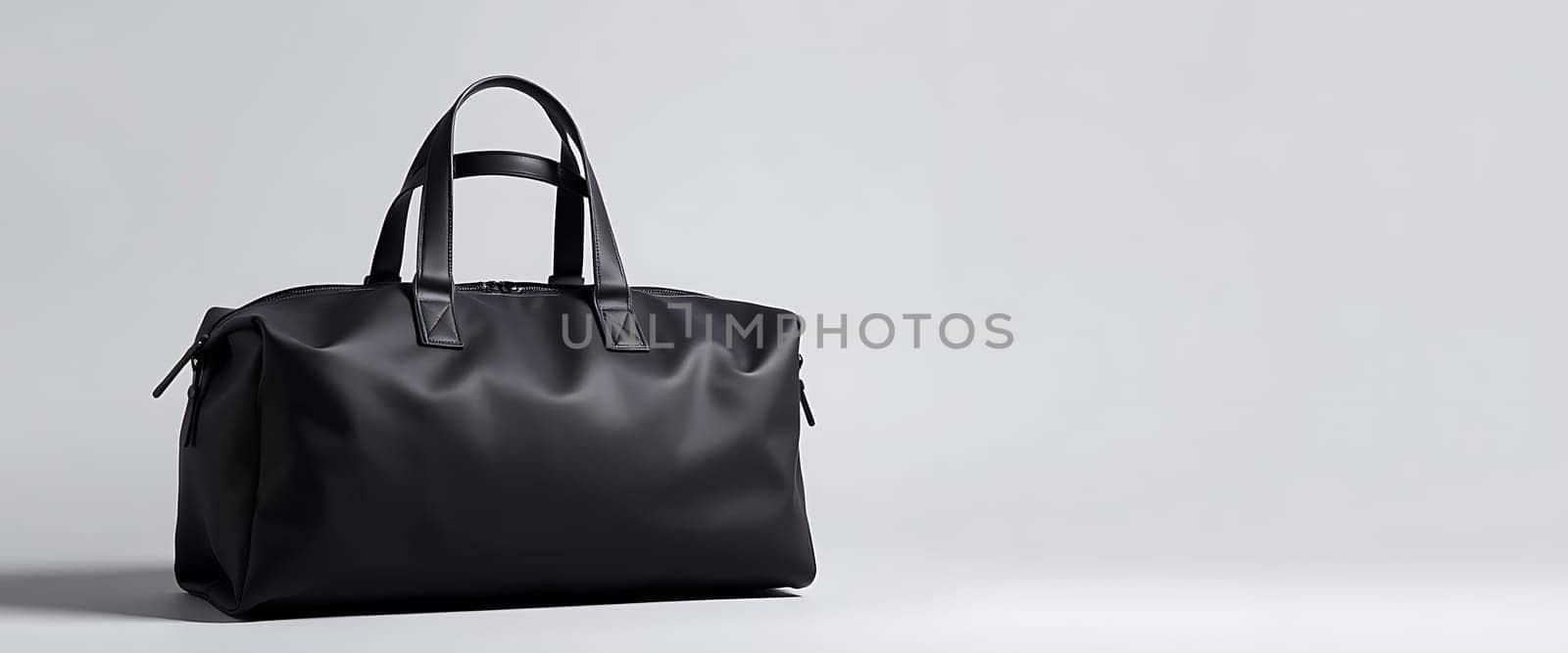 A sleek, black travel bag rests on a minimalist, white backdrop. Its smooth, almost wet-looking surface and subtle sheen catch the light, highlighting its simple yet elegant design. The bag's solitary presence creates a sense of anticipation and adventure, hinting at journeys yet to be taken.