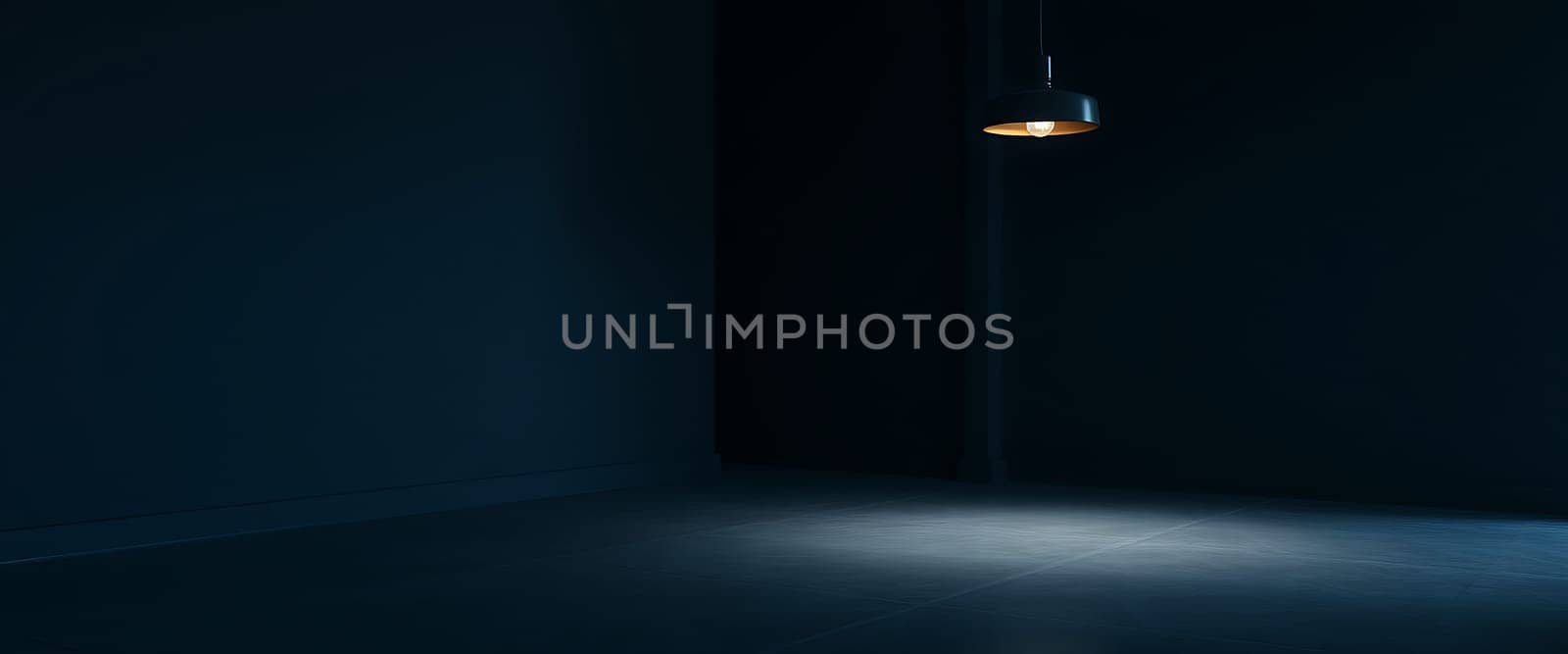 A single lightbulb hangs from the ceiling, casting a warm glow onto the tiled floor of an otherwise dark room. The stark contrast between the illuminated patch and the surrounding darkness creates a dramatic and intriguing atmosphere. The minimal elements and soft lighting evoke a sense of mystery and anticipation.