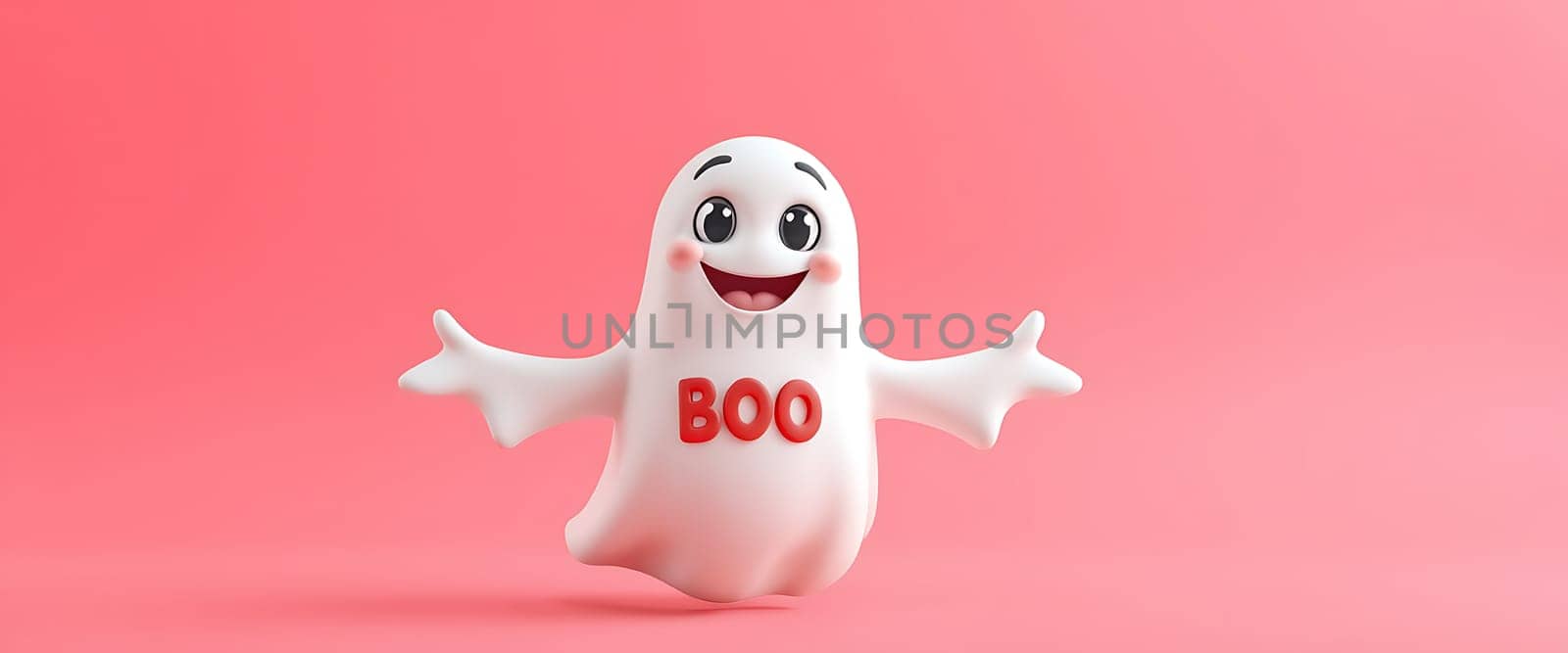 A whimsical ghost with rosy cheeks floats against a vibrant pink backdrop, its wide eyes and playful smile radiating pure joy. The cheerful, almost cartoonish ghost, emblazoned with the word BOO in red, creates a lighthearted and festive atmosphere.