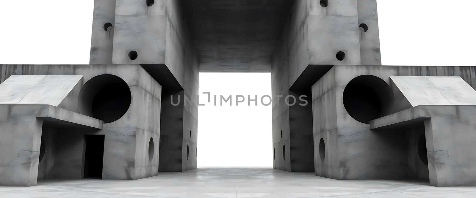 A stark concrete structure, punctuated by circular cutouts, creates a sense of mystery and intrigue. The scene evokes a feeling of isolation, with the smooth, gray surfaces and harsh angles leading the eye towards a distant, undefined destination. The geometric shapes and the play of light and shadow create a visually striking composition.