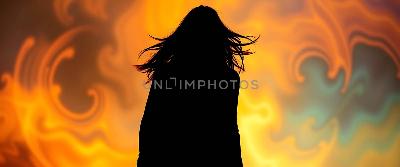 A stark silhouette of a woman with flowing hair stands against a vibrant backdrop of swirling orange and blue hues. The ethereal quality of the background and the mysterious figure create a sense of mystery and intrigue. A feeling of movement and freedom emanates from the image, leaving viewers to wonder about the womans story and the world around her.
