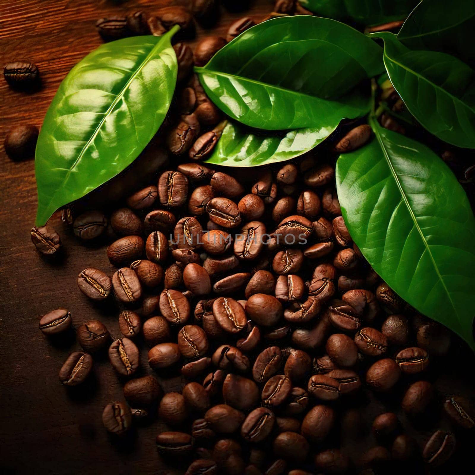 Coffee Bean Harmony.A captivating image of coffee beans, rich and dark, with vibrant green leaves nestled amidst them. The contrast between the dark beans and the bright leaves creates a visually striking composition, symbolizing the perfect balance of nature and cultivation. The image evokes a sense of warmth, comfort, and the rich aroma of freshly brewed coffee.