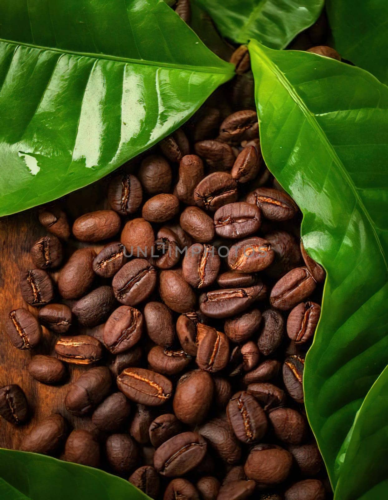Coffee Bean Harmony.A captivating image of coffee beans, rich and dark, with vibrant green leaves nestled amidst them. The contrast between the dark beans and the bright leaves creates a visually striking composition, symbolizing the perfect balance of nature and cultivation. The image evokes a sense of warmth, comfort, and the rich aroma of freshly brewed coffee.