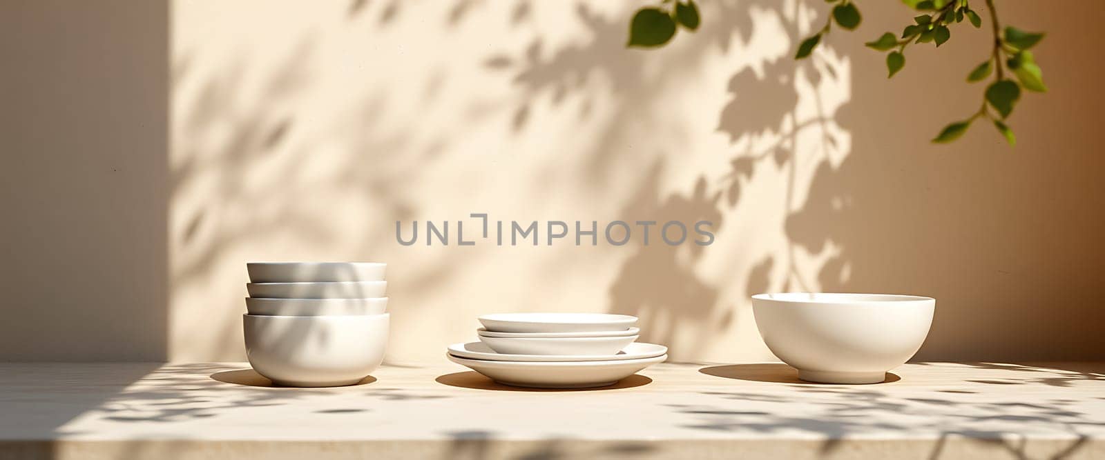 The scene is bathed in soft, warm light, casting delicate shadows of leaves on a wooden surface. Three stacks of pristine white bowls stand ready, their smooth curves and elegant simplicity creating a sense of tranquility and inviting a moment of peace. The minimalist arrangement evokes a feeling of calm and sophistication, highlighting the beauty of everyday objects.