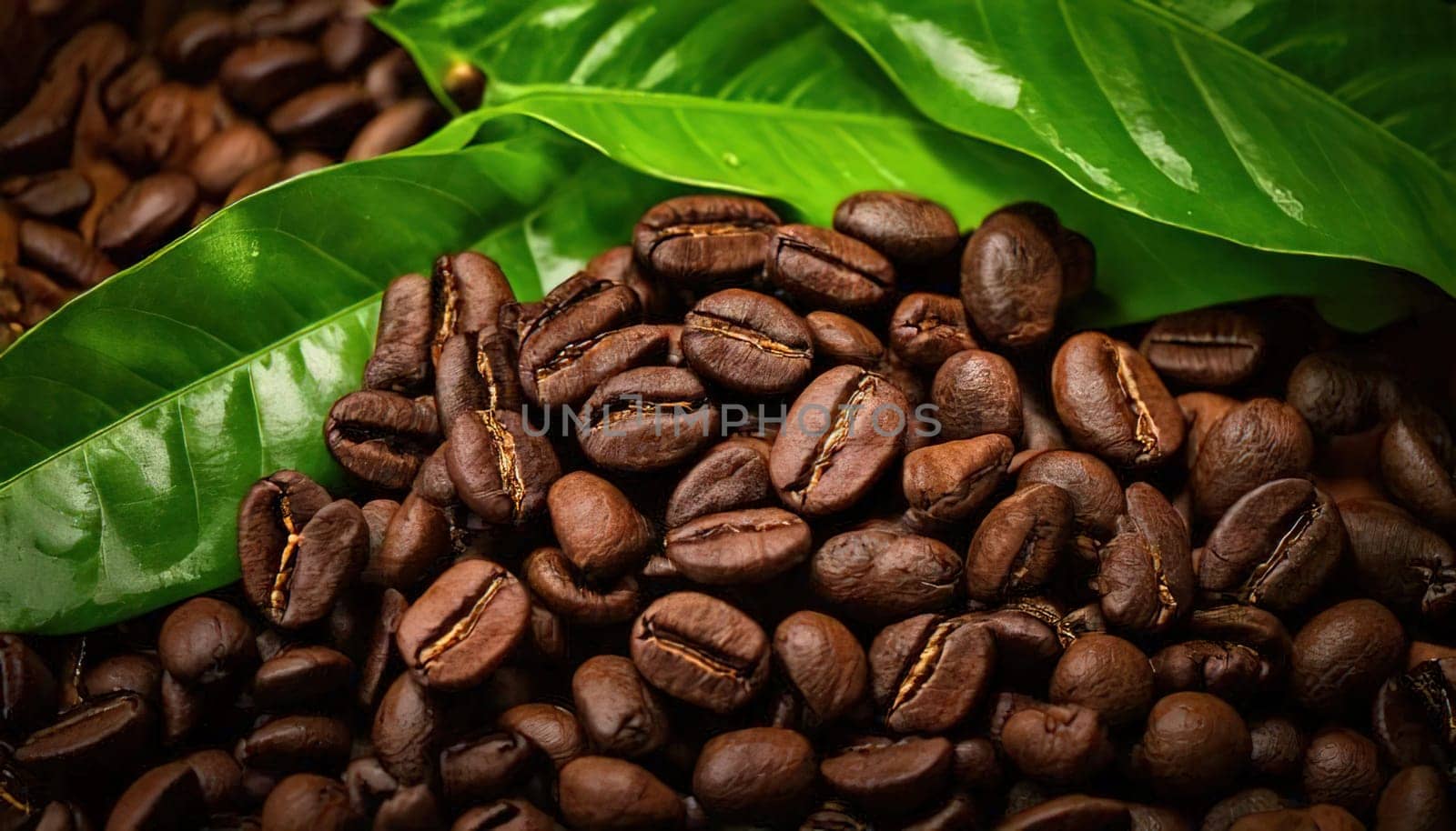 Coffee Bean Harmony.A captivating image of coffee beans, rich and dark, with vibrant green leaves nestled amidst them. The contrast between the dark beans and the bright leaves creates a visually striking composition, symbolizing the perfect balance of nature and cultivation. The image evokes a sense of warmth, comfort, and the rich aroma of freshly brewed coffee.