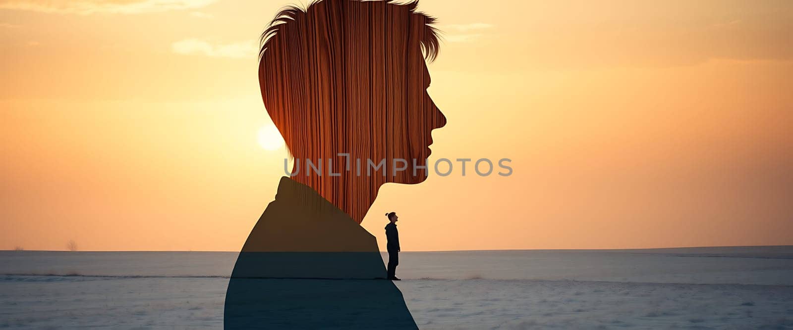 A solitary figure stands in a vast snowy field as the sun dips below the horizon, their silhouette partially obscured by a wooden texture. The figure's size is dwarfed by the expansive, golden sky, creating a sense of both isolation and wonder.