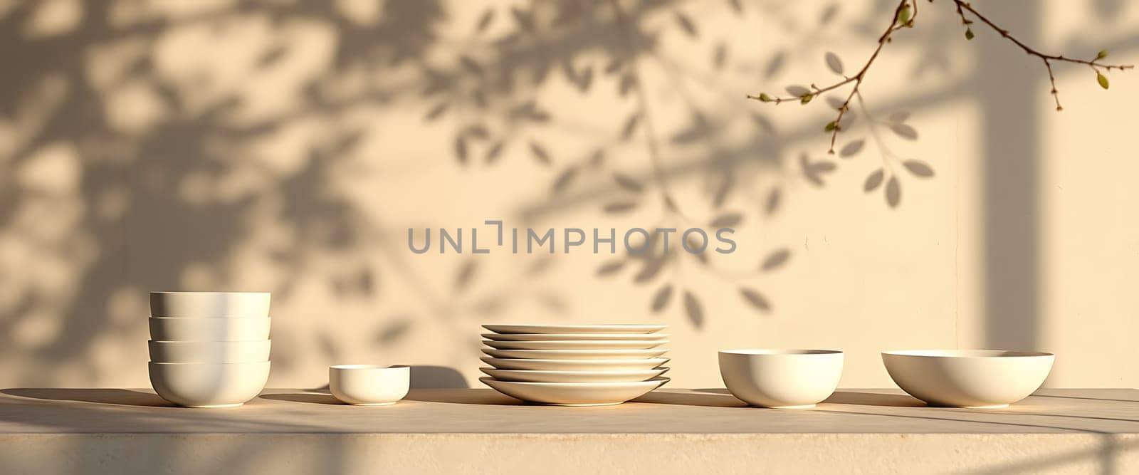 A serene scene unfolds with soft, dappled sunlight casting delicate shadows of a leafy branch against a warm, earthy backdrop. Stacked porcelain bowls and plates stand on a smooth, light-colored surface, creating a minimalist composition that invites contemplation and tranquility. The muted tones and subtle textures evoke a sense of peacefulness.