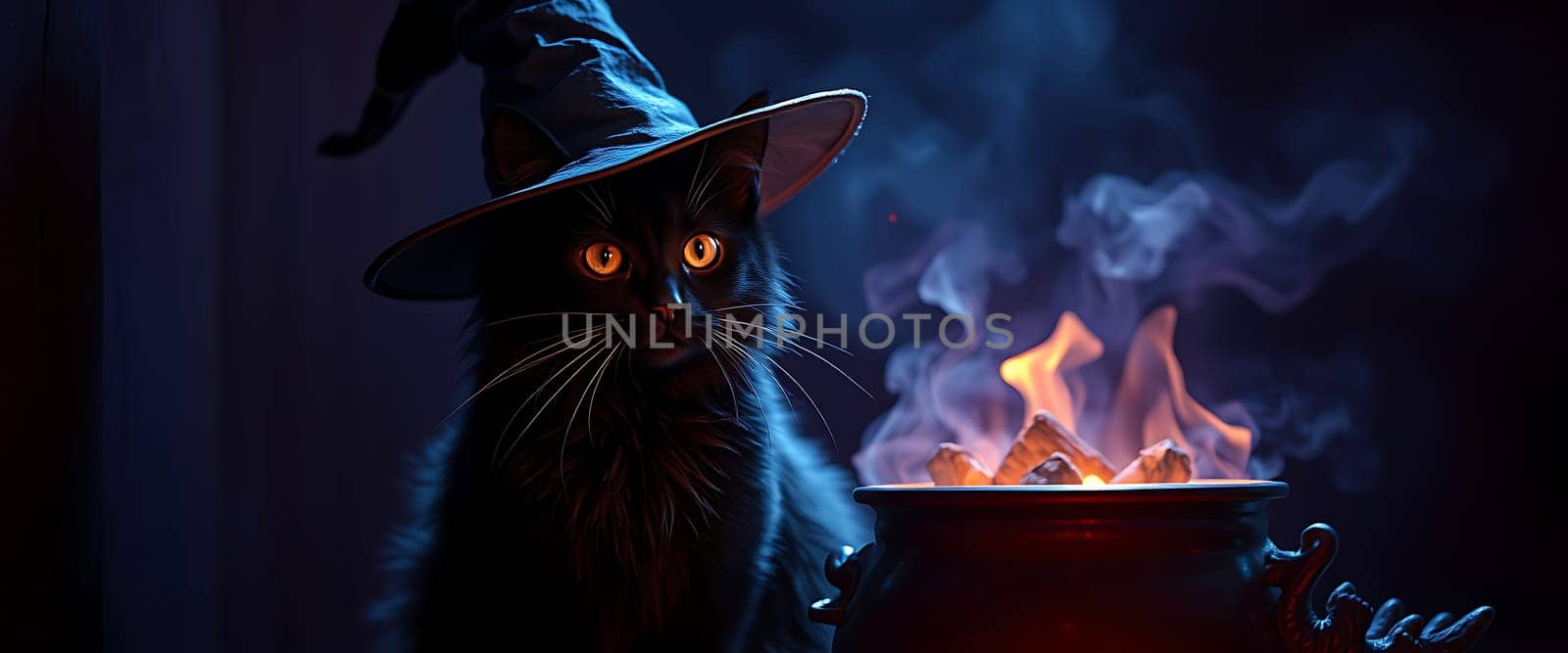 A black cat, adorned with a witch's hat, gazes intently at a cauldron bubbling with fiery flames and swirling smoke, creating a mesmerizing and whimsical scene. The cat's piercing yellow eyes and wispy whiskers add a touch of mischief and magic to the eerie, yet captivating atmosphere.