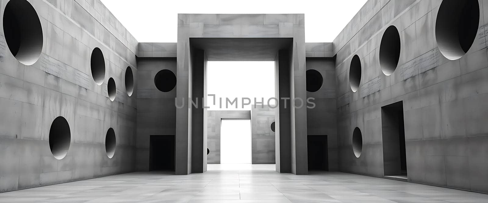 A minimalist concrete corridor features an array of circular and rectangular openings that create a sense of mystery and intrigue. The stark, geometric design evokes a feeling of isolation and contemplation, inviting the viewer to explore the hidden depths beyond the walls. The bright light emanating from the end of the corridor adds a glimmer of hope and possibility to the otherwise austere environment.