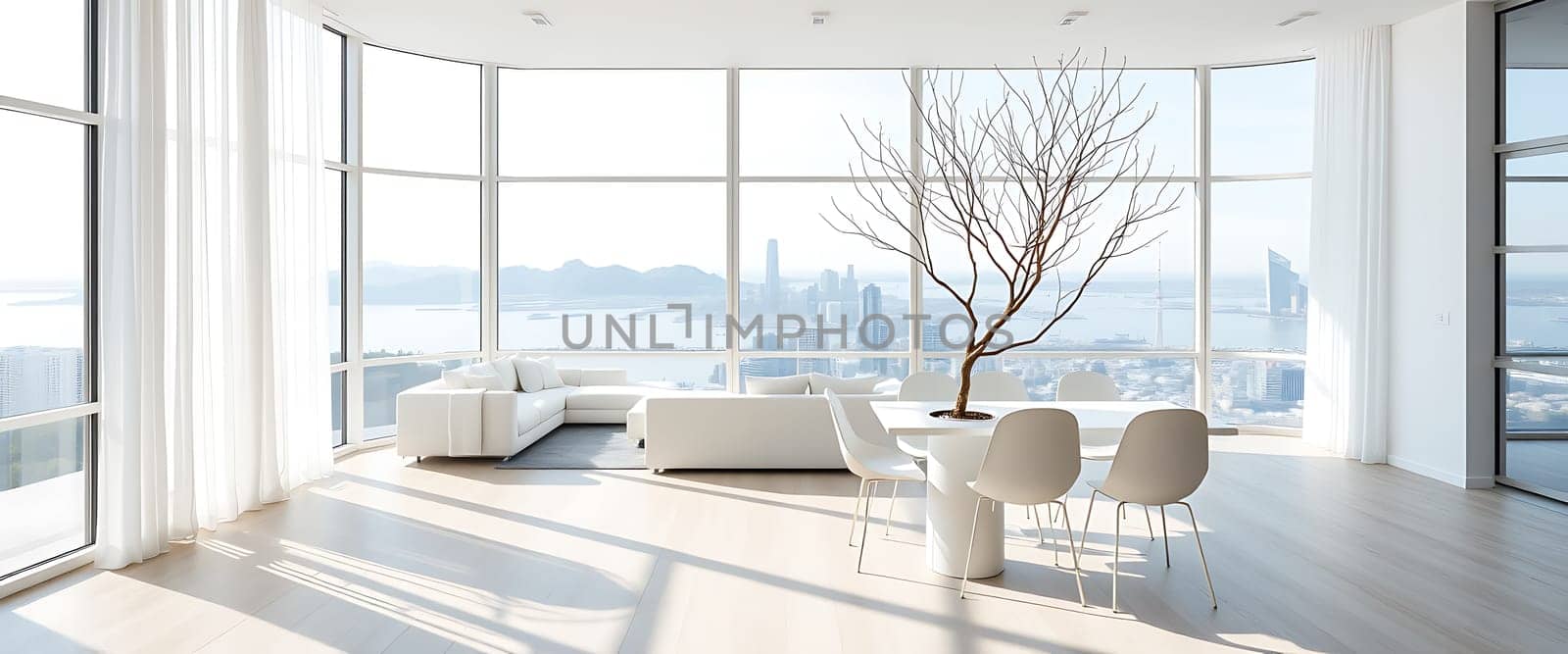 A minimalist haven with floor-to-ceiling windows framing breathtaking city and water views, bathed in soft, natural light. White furniture and a delicate, bare-branched tree create a sense of calm and serenity, emphasizing the room's airy ambiance and tranquil atmosphere. The vastness of the cityscape and the gleaming water invite the viewer to imagine the peaceful panorama unfolding outside.