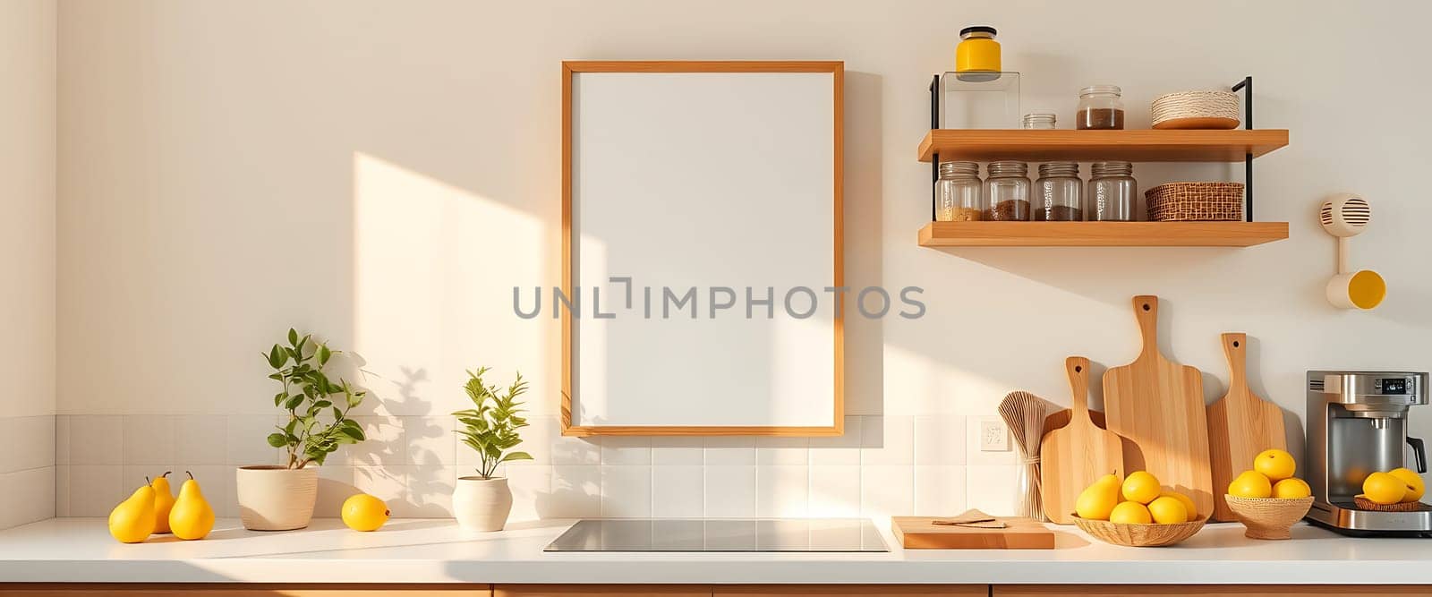 A minimalistic kitchen with a warm and inviting atmosphere is bathed in the golden glow of sunlight streaming through the window. The clean lines and muted color palette create a sense of calm, accentuated by the delicate greenery of the potted plants and the bright yellow pears arranged on the countertop. The natural light dances across the wood and ceramic surfaces, casting soft shadows that add depth and dimension to the scene.