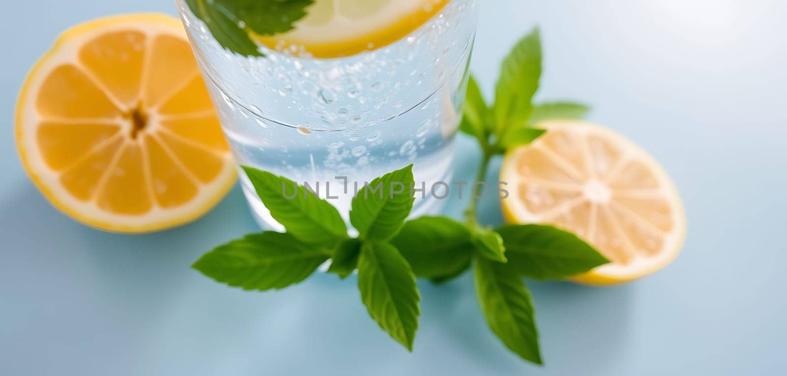 A refreshing glass of sparkling water, adorned with a slice of lemon and vibrant green mint leaves, sits on a soft blue background. The delicate bubbles rising in the glass capture a sense of effervescence, while the bright colors and natural elements create a vibrant and inviting atmosphere. The composition evokes a feeling of pure refreshment and summery bliss.