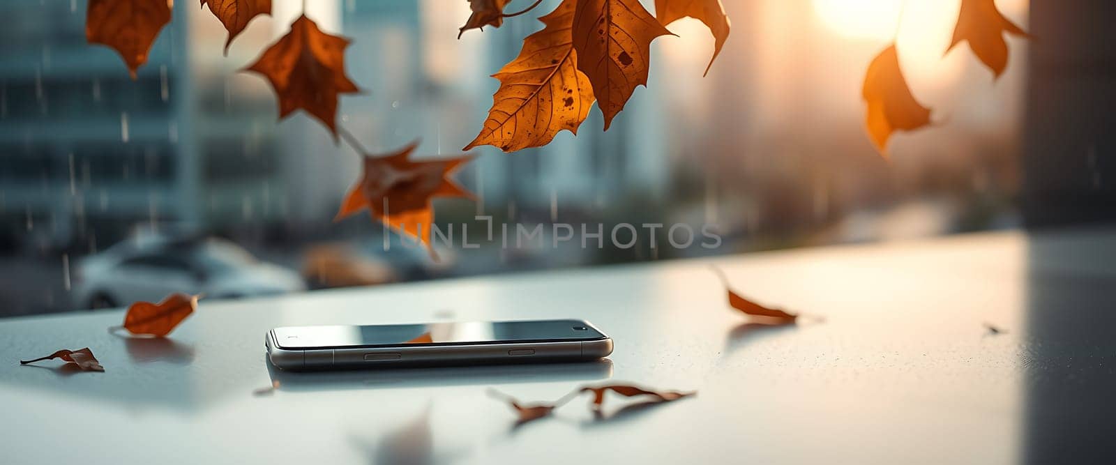A lone smartphone rests on a smooth, white surface, its sleek design mirroring the warm glow of the setting sun filtering through a window. Delicate, dried leaves drift nearby, adding a touch of autumnal melancholy to the otherwise stark scene.