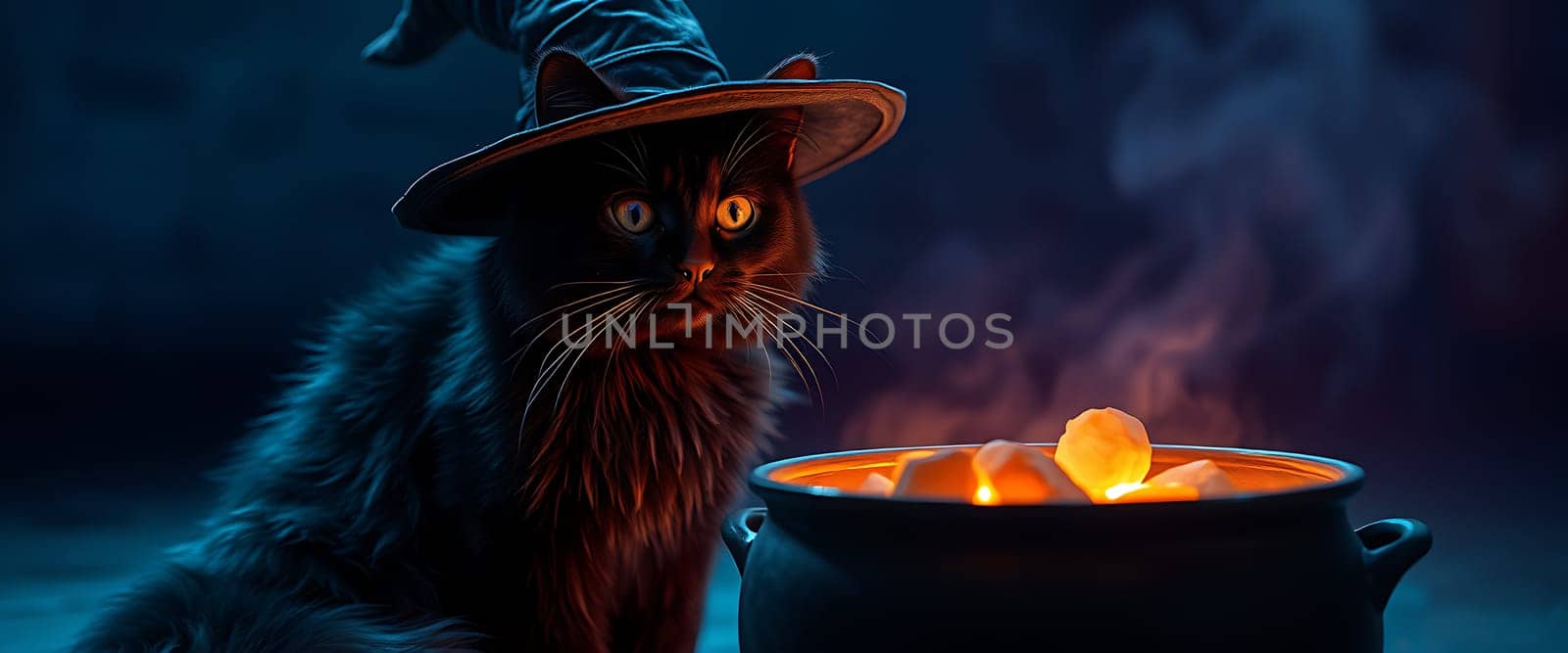 A black cat, adorned with a witch's hat, gazes intently at a bubbling cauldron, its eyes glowing with an eerie light. Smoke curls around the flames within the pot, creating an otherworldly atmosphere that whispers of magic and mischief. The scene evokes a sense of playful wonder and intrigue, inviting the viewer to imagine the mystical secrets hidden within the darkness.