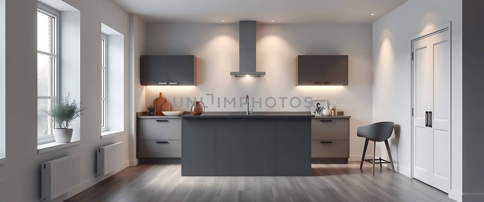 The minimalist kitchen boasts sleek gray cabinetry and a large island, providing a clean and modern aesthetic. Warm lighting casts a soft glow on the space, highlighting the wooden floorboards and creating a cozy ambiance. A lone stool sits in the corner, inviting relaxation in this stylish and functional environment.