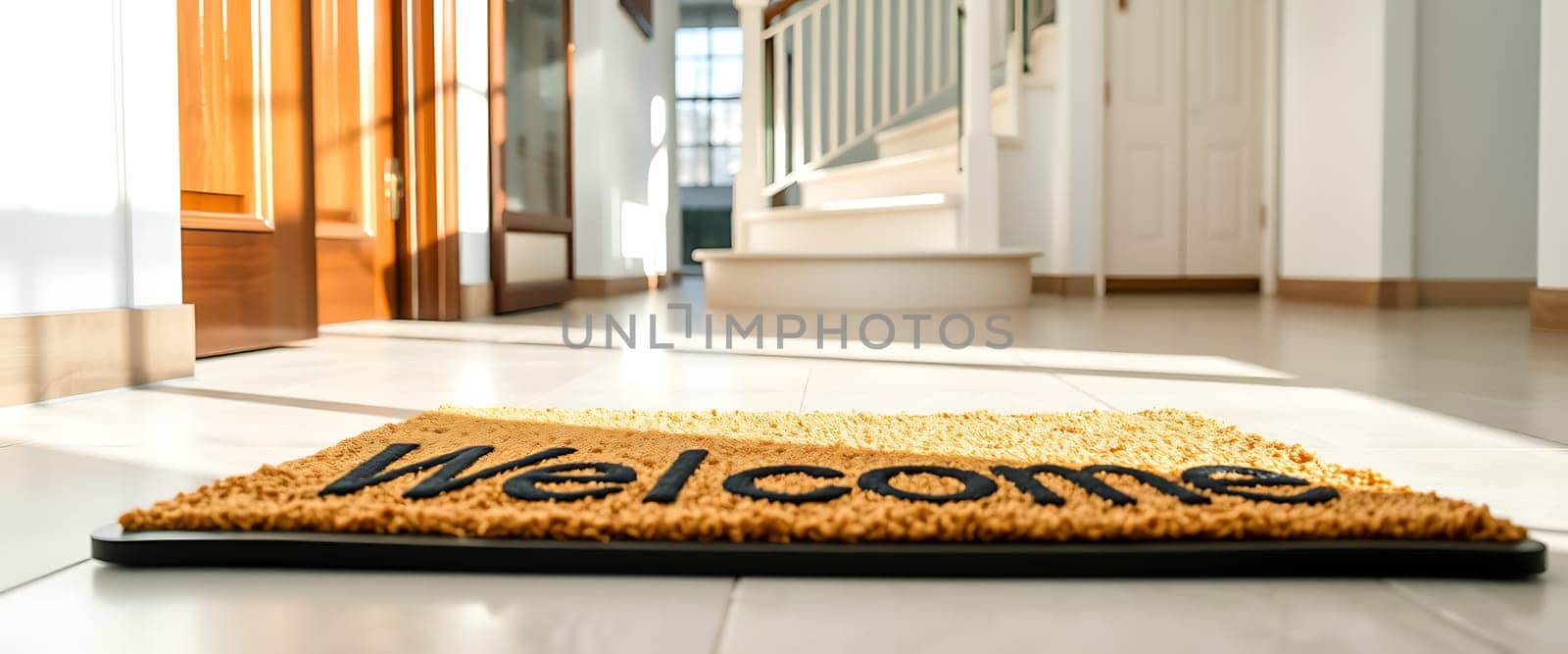 A welcome mat lies invitingly on the pristine white tiles of a grand entrance, bathed in the warm glow of sunlight filtering through a nearby window. The mat's fuzzy texture and the bold black lettering create a tactile and welcoming ambiance. The blur of the stairway in the background hints at the promise of exploring a spacious and inviting home.