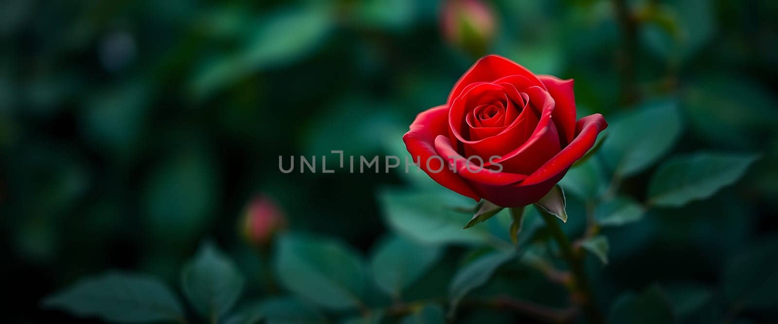 A single, velvety red rose blooms against a backdrop of lush, emerald green foliage. The vibrant rose stands out with its intricate layers of petals, creating a striking contrast with the muted greens. The soft focus on the background leaves the rose as the focal point, highlighting its beauty and delicate features.