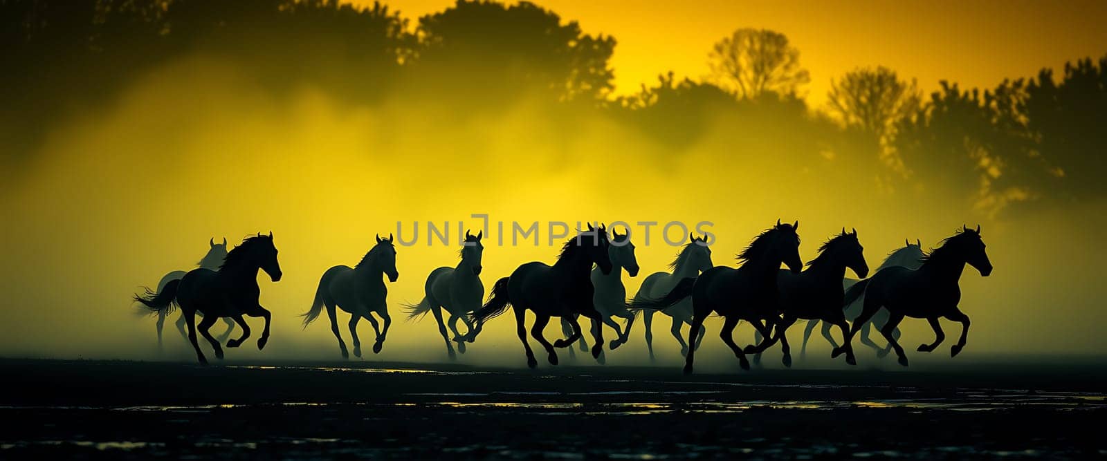 A herd of horses gallops across a misty field at sunset, their silhouettes stark against the glowing sky. The horses' powerful strides and flowing manes create a sense of untamed energy and freedom, captured in a moment of pure wild beauty. The soft, warm light of the setting sun casts a golden glow over the scene, enhancing the overall sense of serenity and wonder.
