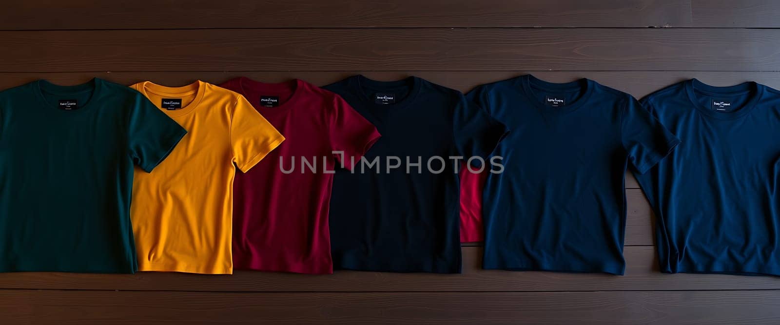 Six t-shirts in vibrant colors lie neatly in a row on a rich, dark wooden surface, their smooth fabrics creating a captivating visual harmony. Each shirt boasts a simple design, showcasing the bold hues of teal, yellow, crimson, navy, and black, making it a compelling display of understated elegance. The minimalist aesthetic allows the colors to take center stage, creating a visually striking composition that draws the eye.