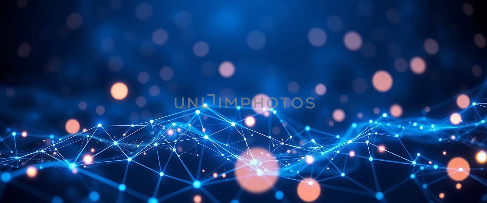 A mesmerizing network of glowing blue lines and nodes dances across a deep blue canvas, interspersed with warm, out-of-focus orbs. This ethereal scene evokes a sense of interconnectedness and energy, suggesting a complex system humming with unseen forces.