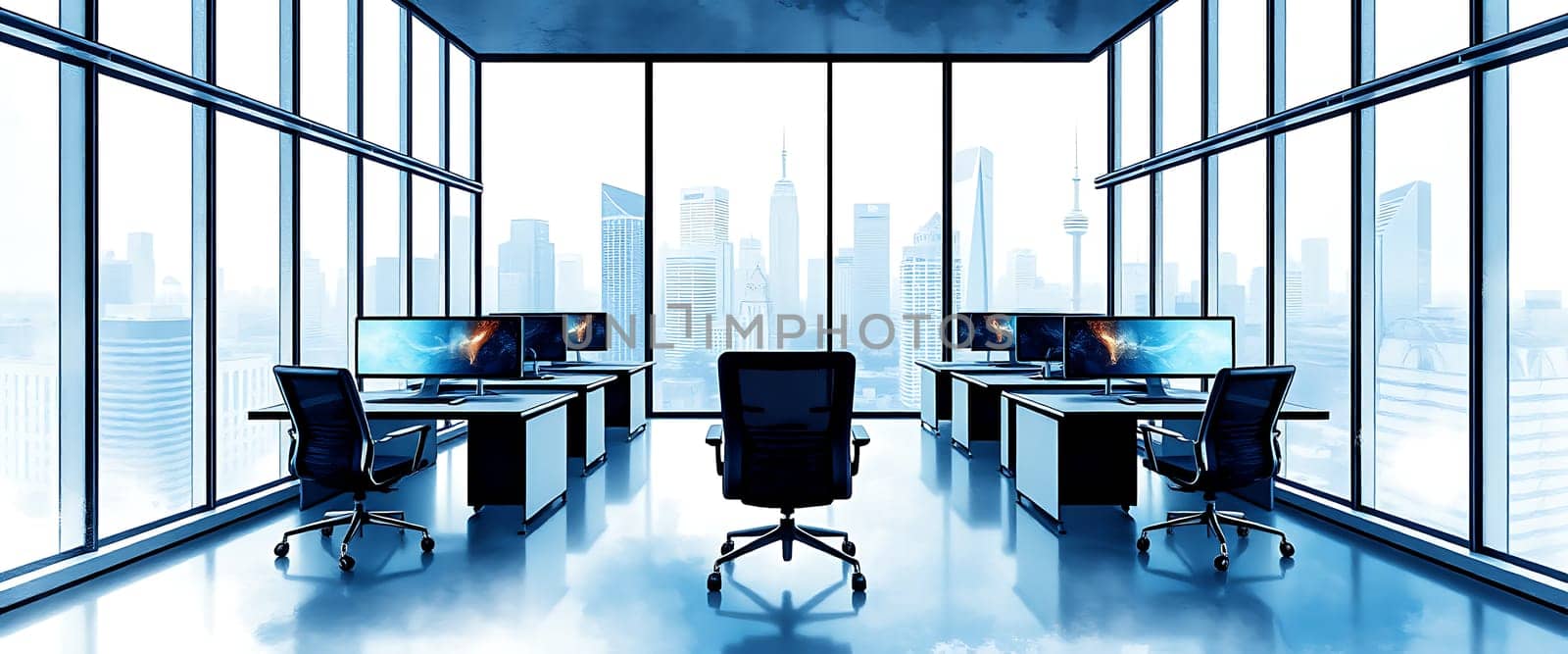 An empty office space with expansive windows showcasing a stunning city skyline, bathed in a cool blue hue. The image evokes a sense of solitude and anticipation, inviting the viewer to imagine the bustling activity that might soon fill the room. The large, sleek desks and comfortable chairs hint at a productive and modern work environment.