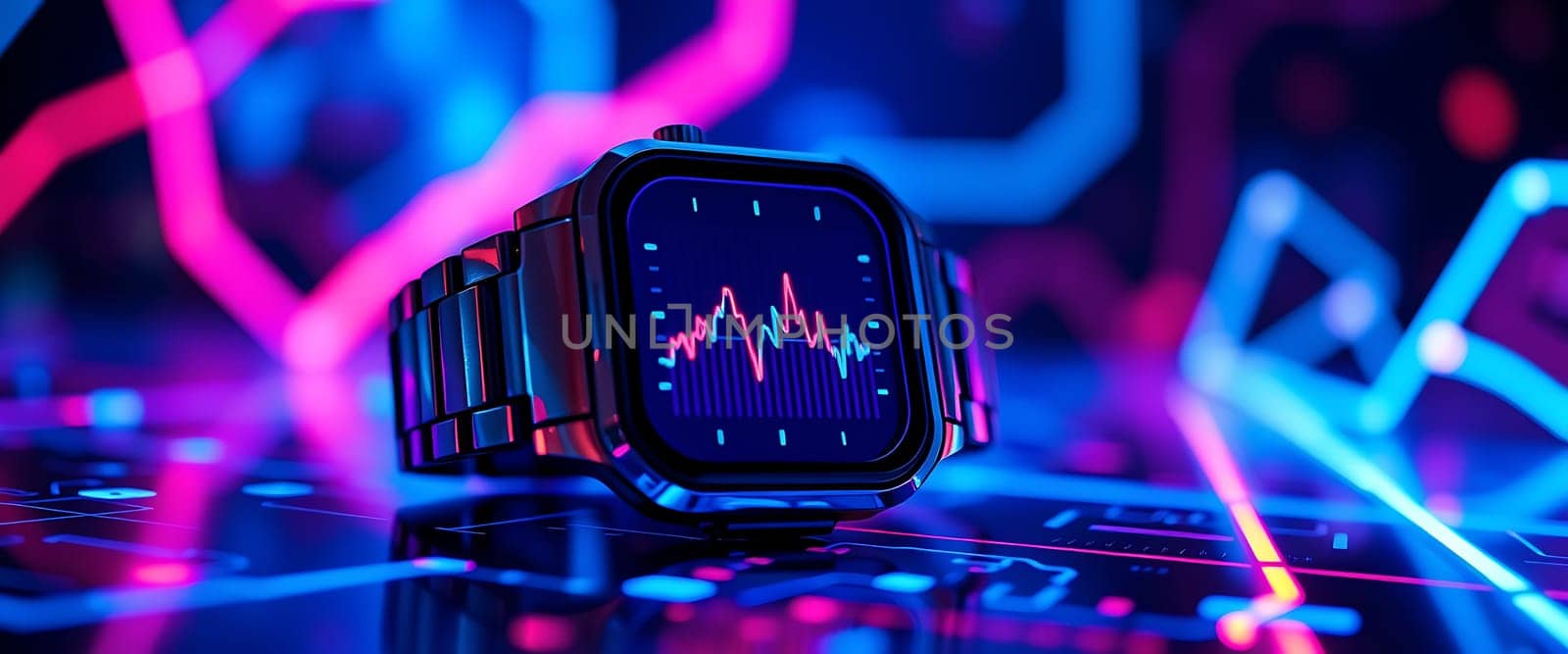 A sleek, modern smartwatch with a metallic finish rests on a surface bathed in vibrant blue and pink neon light. The watch face displays a data graph, highlighting its technological function, while the surrounding glow creates an ethereal and futuristic ambiance. The interplay of light and shadow on the device adds depth and visual intrigue to the scene.