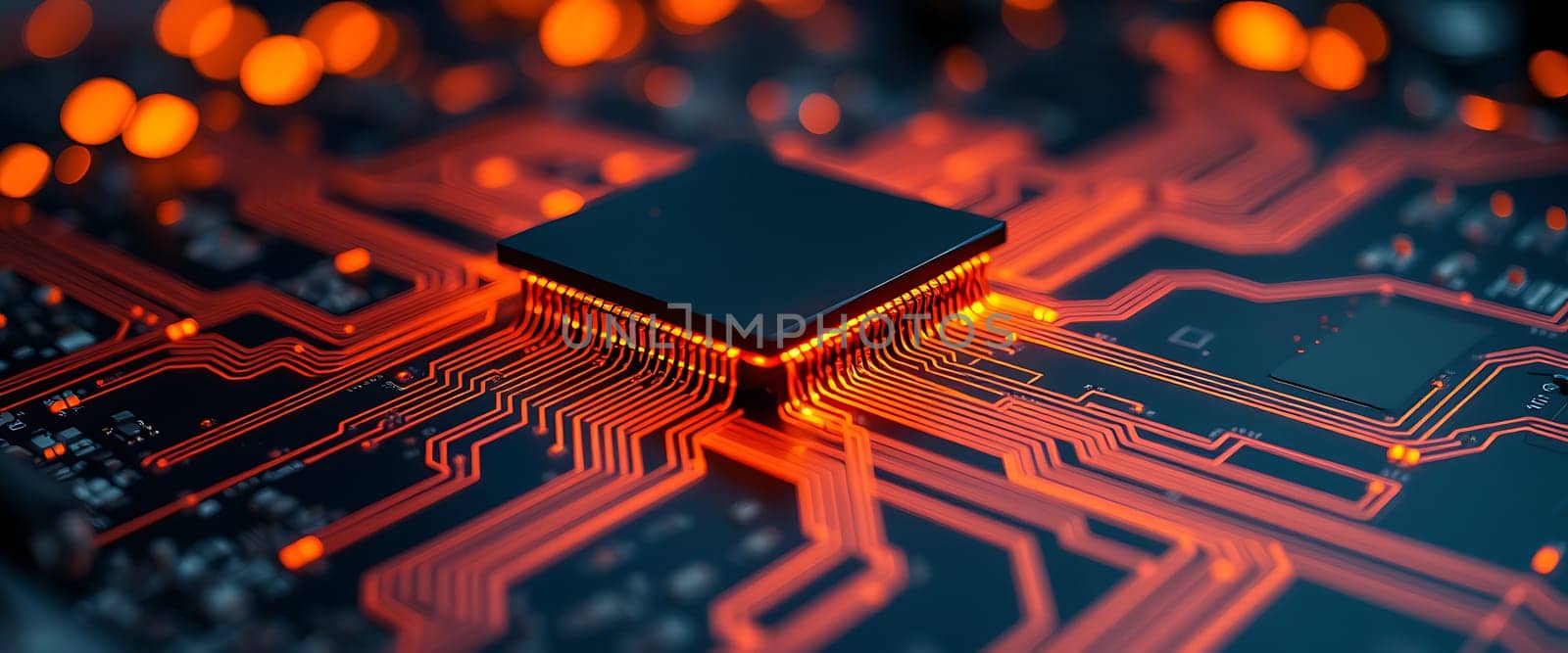 Intricate, glowing circuitry illuminates a dark background, with a powerful processor at its heart. The intricate network of pathways suggests a complex and efficient system, pulsing with energy and evoking feelings of wonder and technological advancement. The warm, vibrant glow of the circuitry creates a mesmerizing, futuristic atmosphere.