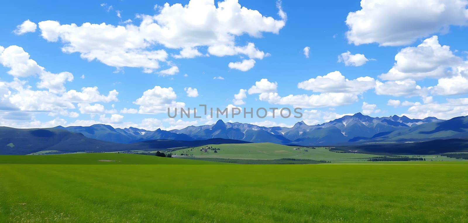 A vast expanse of verdant grass stretches out beneath a cerulean sky, dotted with fluffy white clouds. A dramatic mountain range, sharply defined against the horizon, provides a breathtaking backdrop, creating a sense of tranquility and awe. The scene evokes a feeling of boundless space and quiet contemplation.