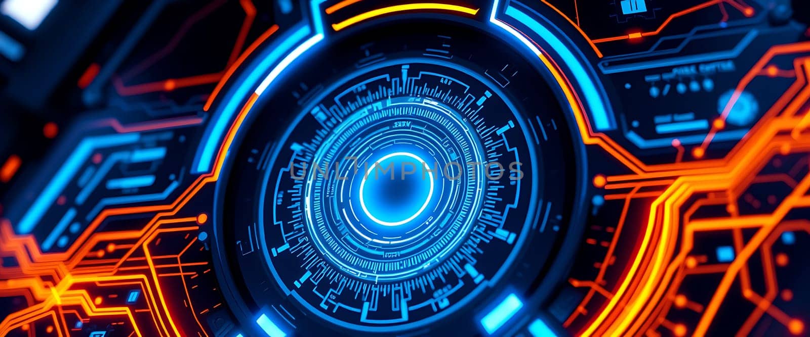 A futuristic, abstract design of a glowing, circular interface with intricate details, surrounded by illuminated circuit board-like patterns. The vibrant blue and orange hues create a visually striking contrast, evoking a sense of technological advancement and power. The central, circular element pulsates with energy, captivating the viewer's attention.