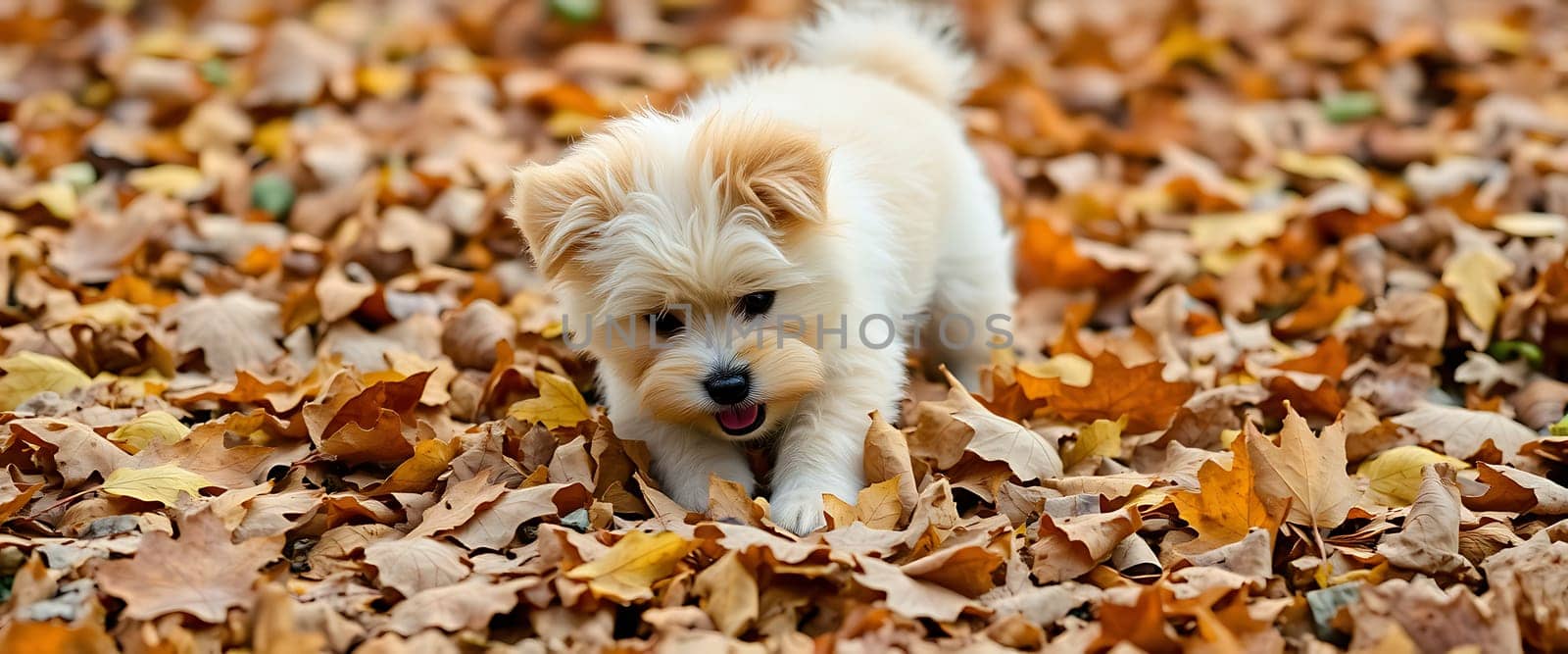 A fluffy, white puppy with a playful expression explores a bed of fallen leaves, its tongue sticking out as if tasting the autumn air. The vibrant yellow and brown leaves create a warm and inviting backdrop, enhancing the cuteness of the scene. The image captures the joy of exploration and the beauty of nature's seasonal transformation.