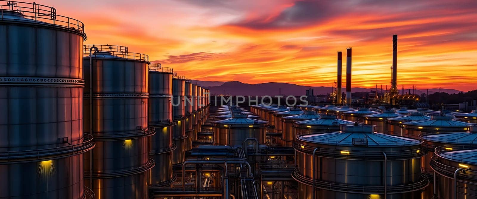 An industrial landscape is bathed in the warm glow of a fiery sunset. Rows of towering steel tanks, illuminated with soft yellow lights, stand against a backdrop of dramatic clouds, creating a surreal and somewhat ominous atmosphere. The scene evokes a sense of both power and fragility, highlighting the intricate network of pipes that connect the tanks.