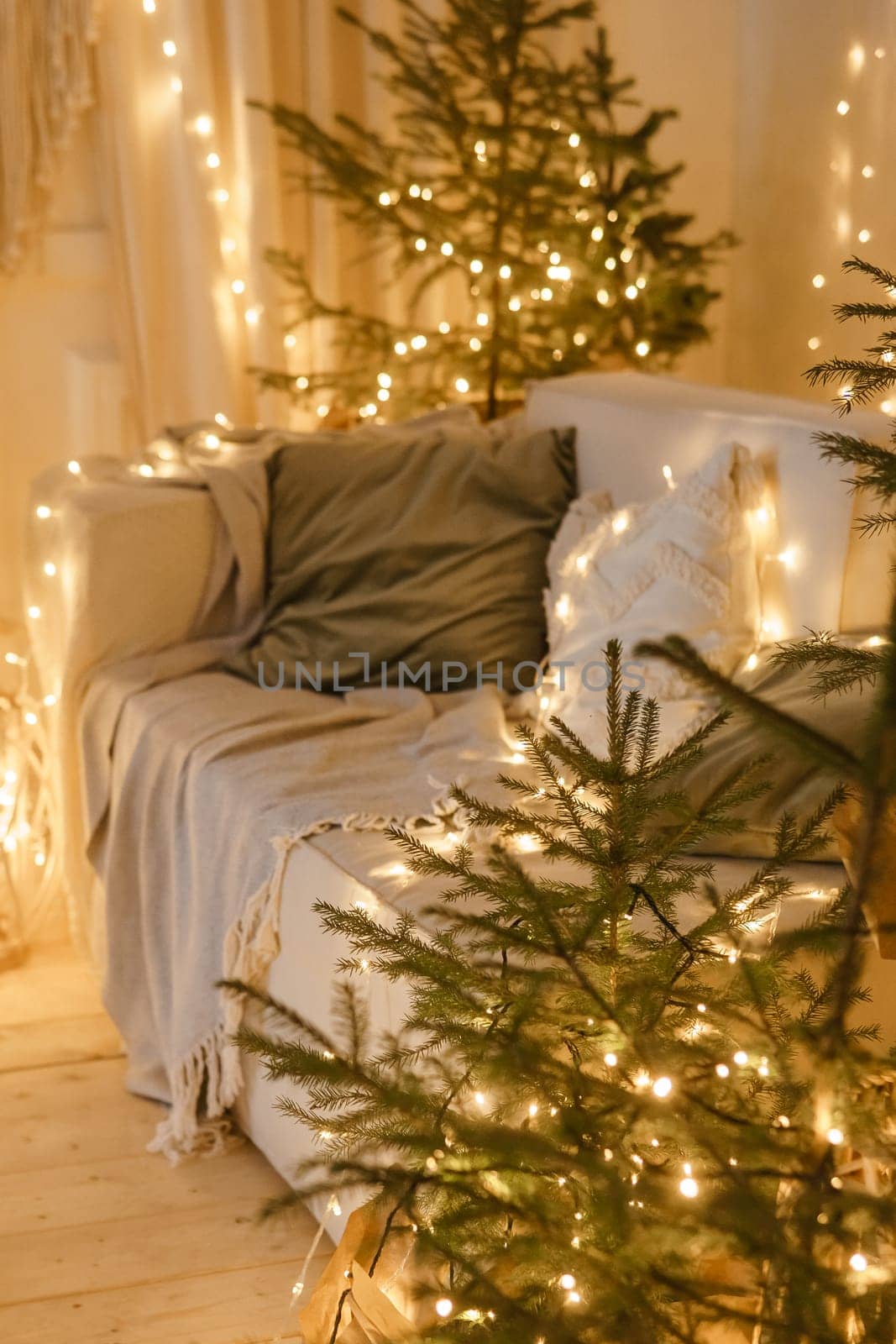 Interior bedrooms in Scandinavian style, decorated for the Christmas holidays. Live ate in the interior